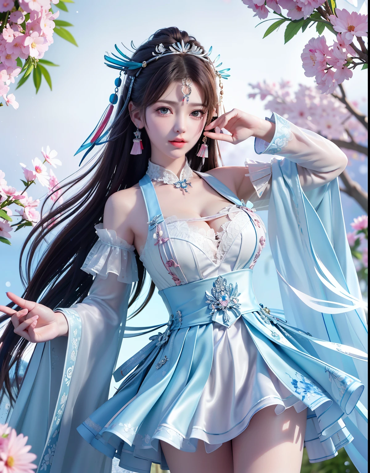 (8k, RAW photo:1.2), best quality, ultra high res,dramatic angle,(fluttered detailed color splashs), (illustration),(((1 girl))),(long hair),(rain:0.9), (Headdress:1.4),There is an ancient palace beside the girl,Hanfu,(Key Points),Color ink painting,(Splash of Color),Splash of Color,(((colorful))),(sketch:0.8) , Masterpiece, best quality, beautiful painted, highly detailed,(denoising:0.6),[splash ink],((ink refraction)), (beautiful detailed sky),moon,highly,detaild,(masterpiece, best quality, extremely detailed） CG Unity 8k Wallpaper，masterpiece，best quality，Ultra Detailed），（Lycoris）.shoulder ballet dress open V-chested clothes Thin silk lace dress short skirt , (huge ，cleavage),, white pink, blue ，best qualtiy，tmasterpiece，Ultra-high resolution，（Reality：1.4），RAW photogr，（True skin texture：1.3），（filmgrain：1.3），（Selfie angle），1个Giant Breast Girl，Beautiful eye and face details，tmasterpiece，Best quality at best，，The chest more exposed， detailed hair, bra pink , detail 8k, full body, lace petticoat, fan handle