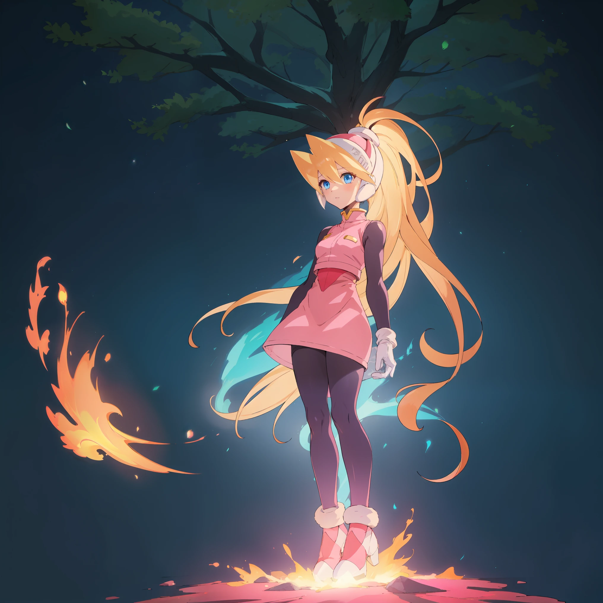 ciel_megamanz, 1girl, solo, long hair, blue eyes, blonde hair, ponytail, headgear, pantyhose, white gloves, pink dress, high quality, masterpiece, standing with green flames coming from a tree