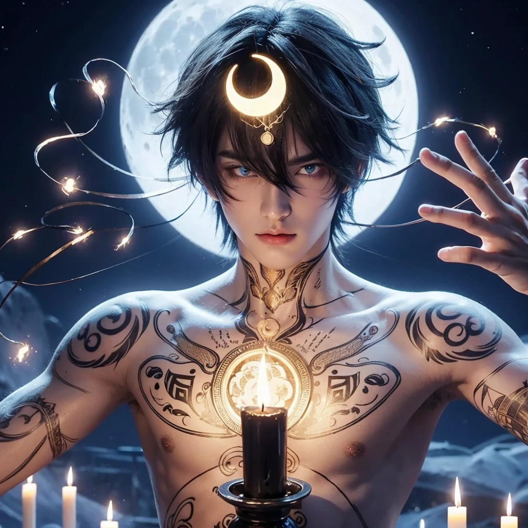 Handsome boy, black hair, bright blue eyes, crescent moon on his head, holding black candle, full moon background
