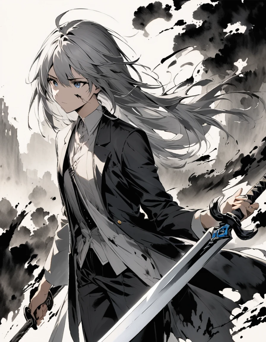 long gray hair 28 years old hold a long sword Damaged black suit ink painting art