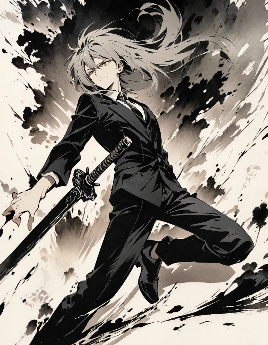 long gray hair 28 years old hold a long sword Damaged black suit ink painting art