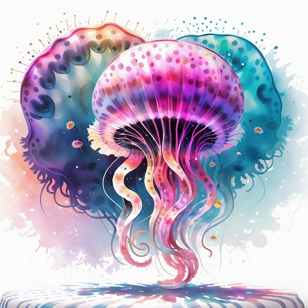 Circular Design, Logo Art, (Jellyfish and cat design),(On the table), Fantasy, colorful, Vintage,  Charm: White Background, Vulgar art, Digital Illustration, Shine; Gash, 16K, Minimal, Doodle, society, Solarpunk, Crispy quality, sharp, bright, Volumetric lighting, Complex, Plenty of negative white space, As a logo,