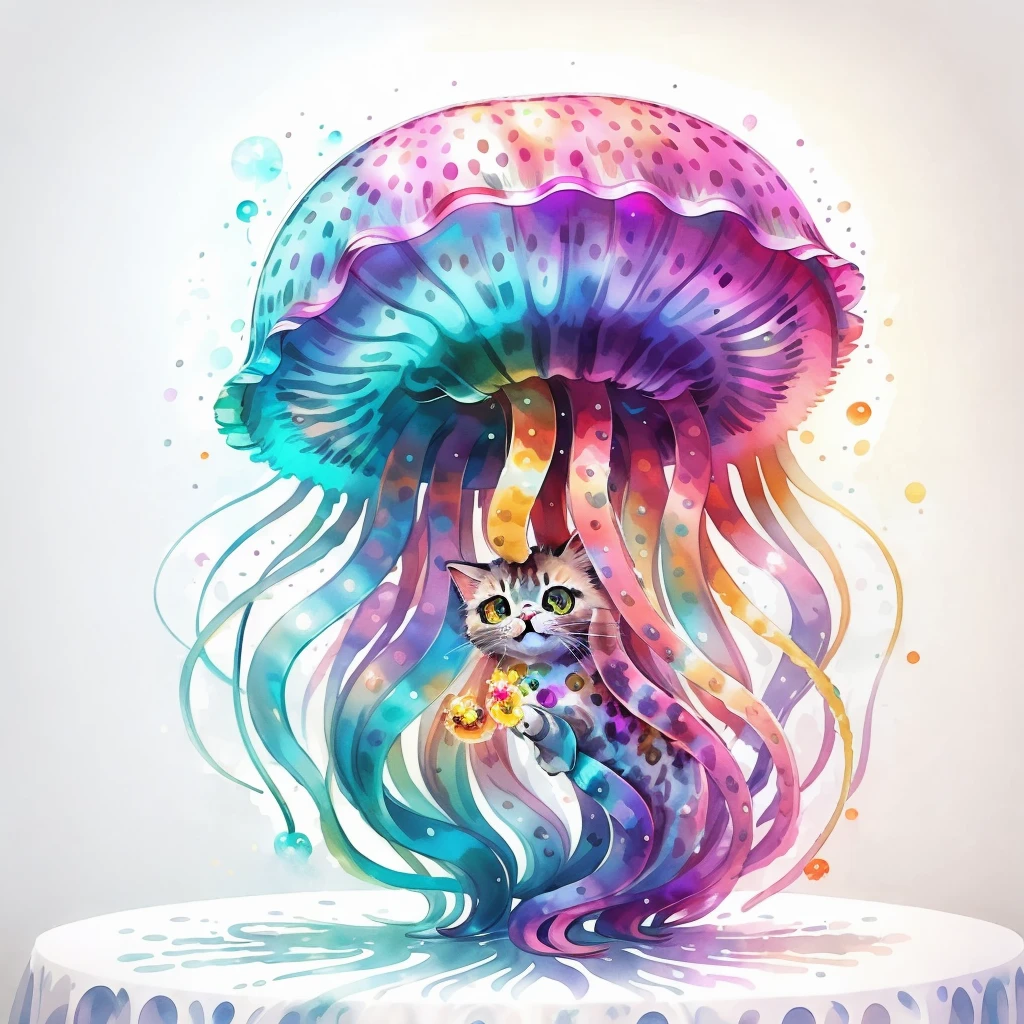 Circular Design, Logo Art, (Jellyfish and cat design),(On the table), Fantasy, colorful, Vintage,  Charm: White Background, Vulgar art, Digital Illustration, Shine; Gash, 16K, Minimal, Doodle, society, Solarpunk, Crispy quality, sharp, bright, Volumetric lighting, Complex, Plenty of negative white space, As a logo,