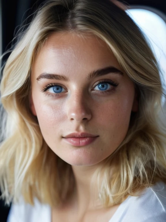 Un superbe portrait d’une jeune beauté allemande, aux yeux bleus perçants, petits seins avec un carré ondulé blonds flottants, un pantalon noir de sport et un t-shirt blanc , on voit son corp entier jusqu'au pied et qui et avec sa valise pour l'avion, la lumière naturelle met en valeur les traits du visage, les ombres douces sur les contours du visage, le contraste vibrant entre les tons chair chauds et les teintes froides de l&#39;arrière-plan, la composition ultra légère, le nombre d&#39;or, L&#39;éclairage dramatique