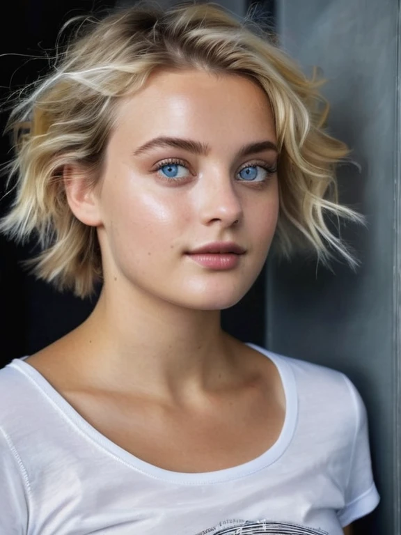 Un superbe portrait d’une jeune beauté allemande, aux yeux bleus perçants, petits seins avec un carré ondulé blonds flottants, un pantalon ???? de sport et un t-shirt blanc , on voit son corp entier jusqu'au pied et qui et avec sa valise pour l'avion, la lumière naturelle met en valeur les traits du visage, les ombres douces sur les contours du visage, le contraste vibrant entre les tons chair chauds et les teintes froides de l&#39;arrière-plan, la composition ultra légère, le nombre d&#39;or, L&#39;éclairage dramatique