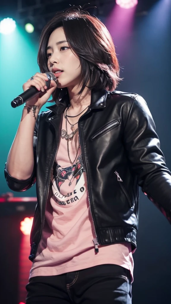 masterpiece, Highest quality, One girl, Upper Body, Jiro, Fine grain, Pink Shirt, Black jacket, Torn clothes, concert, (stage)
