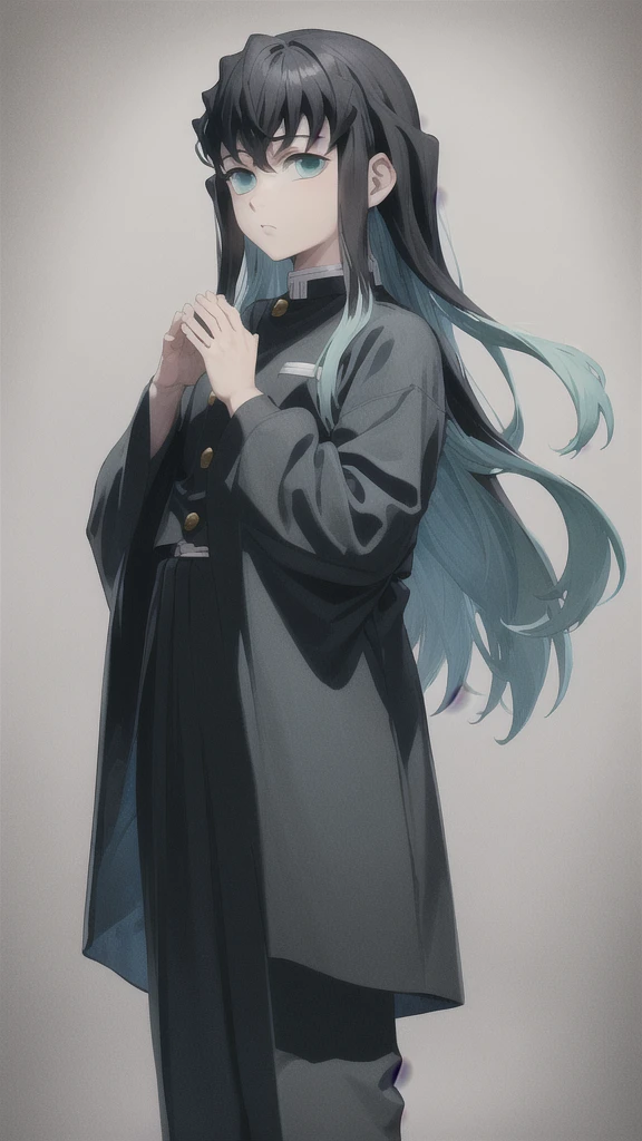masterpiece, best quality, 1boy, muichiro,long hair, black hair, aqua hair, bangs, multicolored hair, sidelocks, long sleeves, aqua eyes, demon slayer uniform, pants, standing, looking at viewer, ((hands up))