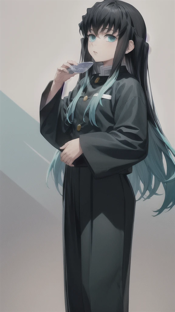 masterpiece, best quality, 1boy, muichiro,long hair, black hair, aqua hair, bangs,  multicolored hair, sidelocks, long sleeves, aqua eyes, demon slayer uniform, pants, standing, looking at viewer, ((hands up))