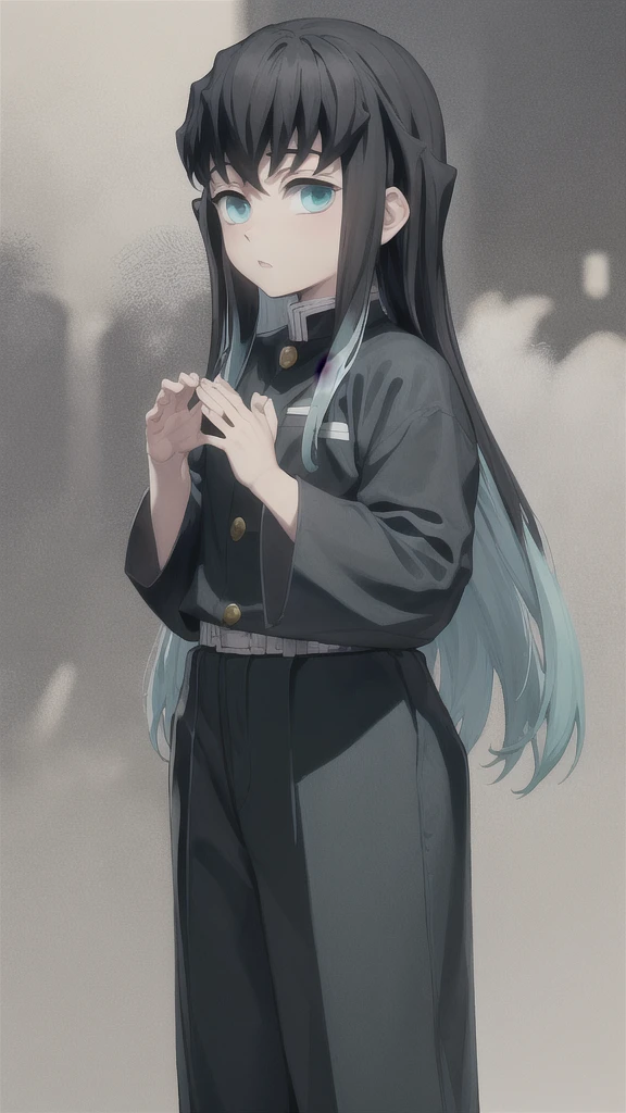 masterpiece, best quality, 1boy, muichiro,long hair, black hair, aqua hair, bangs, multicolored hair, sidelocks, long sleeves, aqua eyes, demon slayer uniform, pants, standing, looking at viewer, ((hands up))