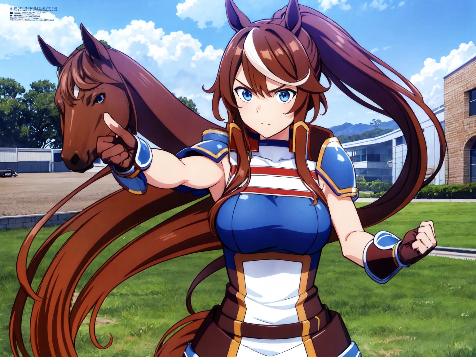 1girl,Tokai Teio, horse ears, horse girl, brown hair, long hair, high ponytail, streaked hair, multicolored hair, blue eyes, big breast, mecha musume, mechanical wing, armor girl, serious face,