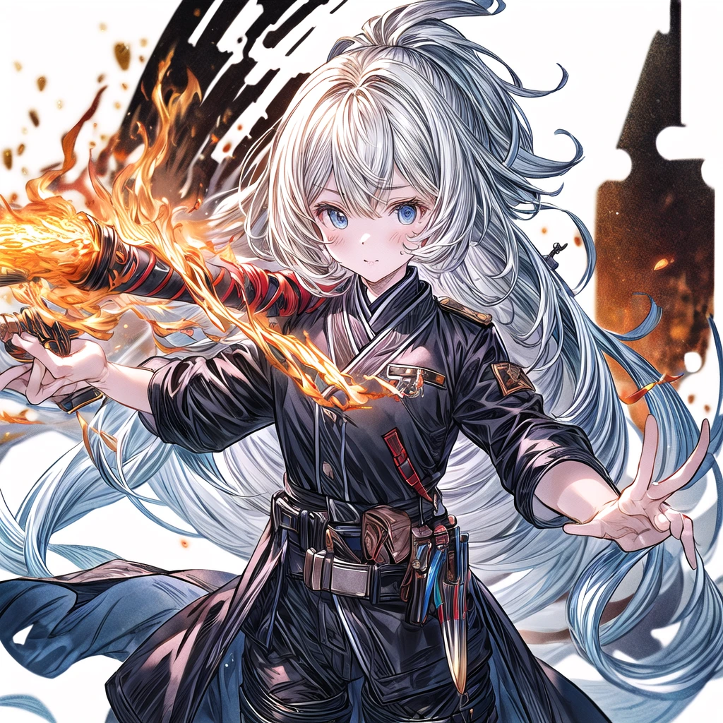 One girl、Dynamic configuration、[17277fbe68],threatened hideo、high quality、Maximum details、(((最high quality、最高masterpiece、Official Art、最高のDynamic configuration)))、(Thin Hair)、(Tabletop, 最high quality), Very detailed, Anime Style, Concept Art、whole body, (masterpiece), 最high quality, Fantasy art,whole body、masterpiece、最high quality、(colorful)、（Beautifully detailed eyes and face）、Cinema Lighting、Extremely detailed CG、Super huge、whole body、wallpaper、Uniforms with weapons in Wonderland, (((Everybody wears black and red ))), sheath, knife, 美しい彫刻がほどこされた日本knife, knife, 黒いknife,weapons,Barren Land、White Background、inflammation、inflammationにつつまれたknife、inflammationと氷を操る少女、