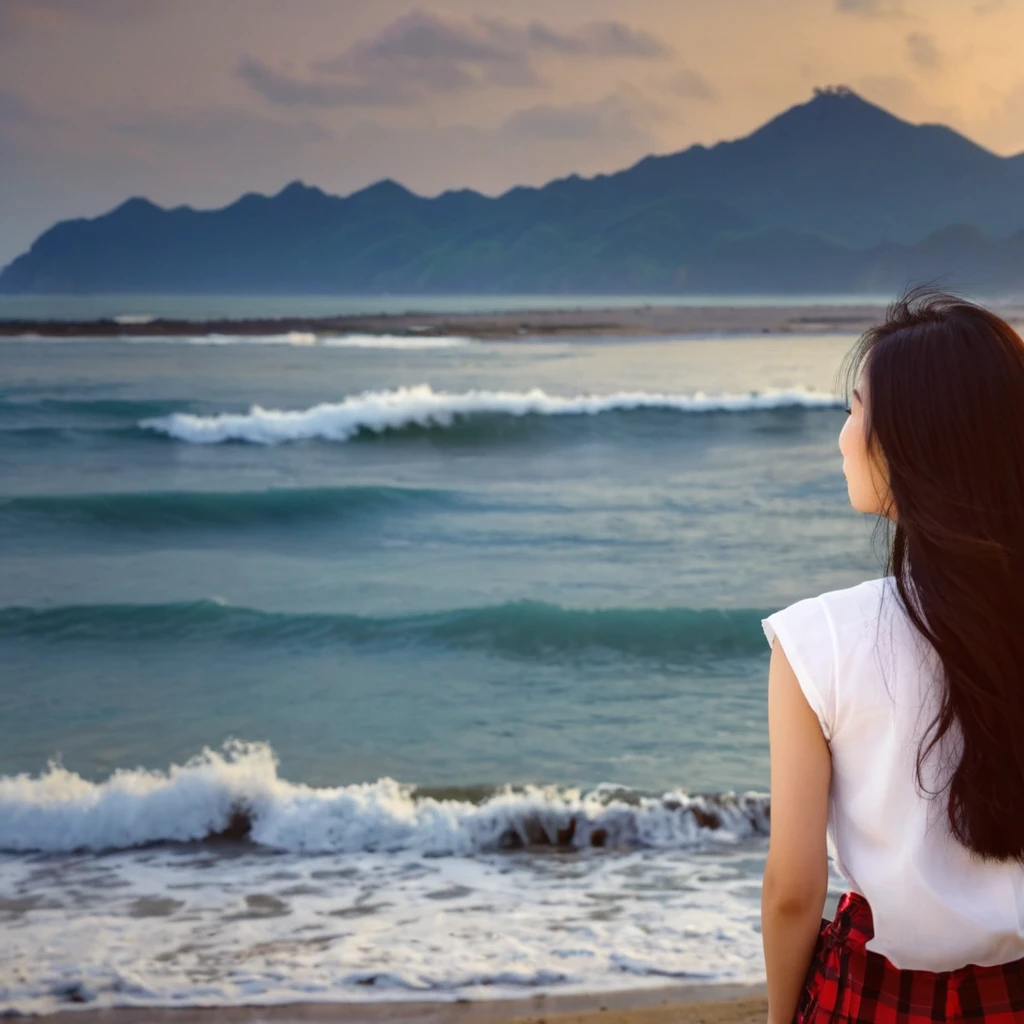 There is an Asian woman standing on the beach looking at the sea, girl looking at the sea waves,Standing on the beach of Taiwan, looking at the sea, beautiful girl, Beach under the sun, looking at the ocean, looking at the ocean, Ocean in the background, The background is the real Taiwan scenery