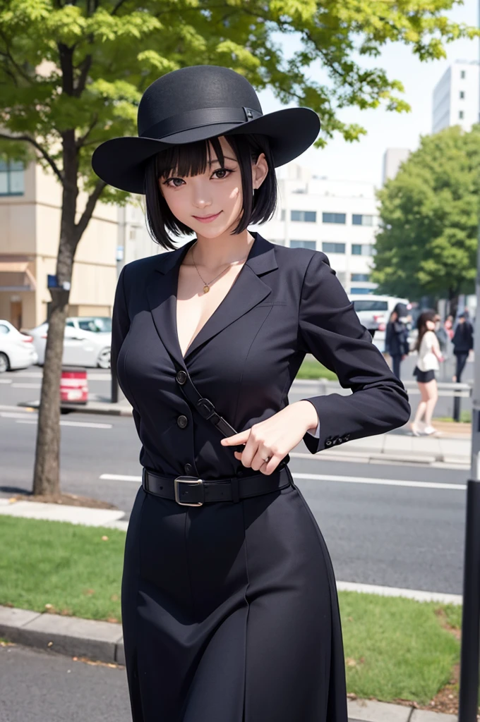 master piece , best quality , woman , bowler hat , bangs , smile , outdoor, 赤い髪:1.3、extra short hair, sidelocks-hair、all nude:1.5、pussy:1.3、足を開く:1.5、座る、大きな胸:1.5、ラブジュース