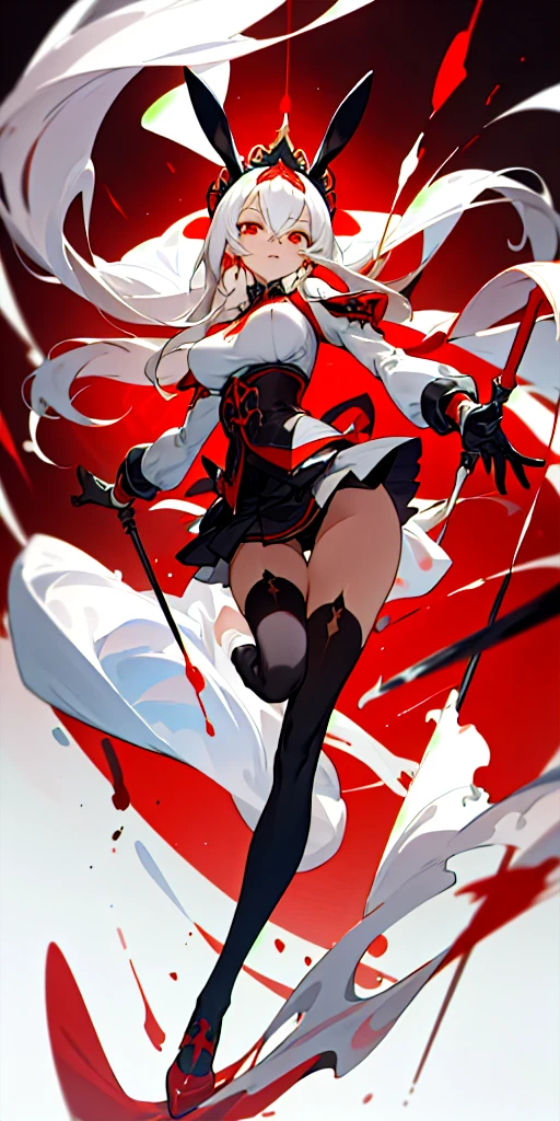 Picture of an adult woman named SEPHAR standing while holding her sword with black coloured blade and style of european sword, have nice body, large breasts, red eyes, rabbit ears, white long hair, brown skin with white paint stripes all over her body except for her face, black long hand sleeves, white gloves, wearing a black and red striped top, with a black mini skirt, black stockings, wearing high heel shoes black and wearing a bridal head covering with an abstract striped motif. A woman with an aura of authority and power, with a dark and bright red background. inspiration from fate grand order, anime style art, good and clear face structure, good and clear hand and foot structurecgstation pop --v 6, ink wash, cgstation pop --v 6, Mogao Grottoes art,