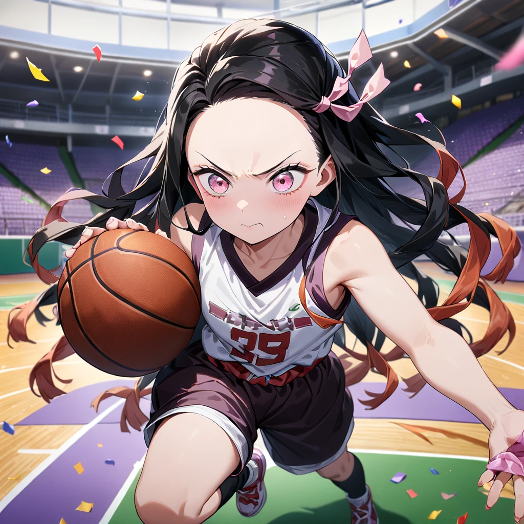 1girl, Nezuko, from Kimetsu no Yaiba, center, serious face, purple and white basketball uniform, white and purple sneakers, holding a basketball with both hands, confetti falling from above, basketball court in the background, masterpiece, best quality, very aesthetic, absurdres, ((medium quality)), ((medium quality))