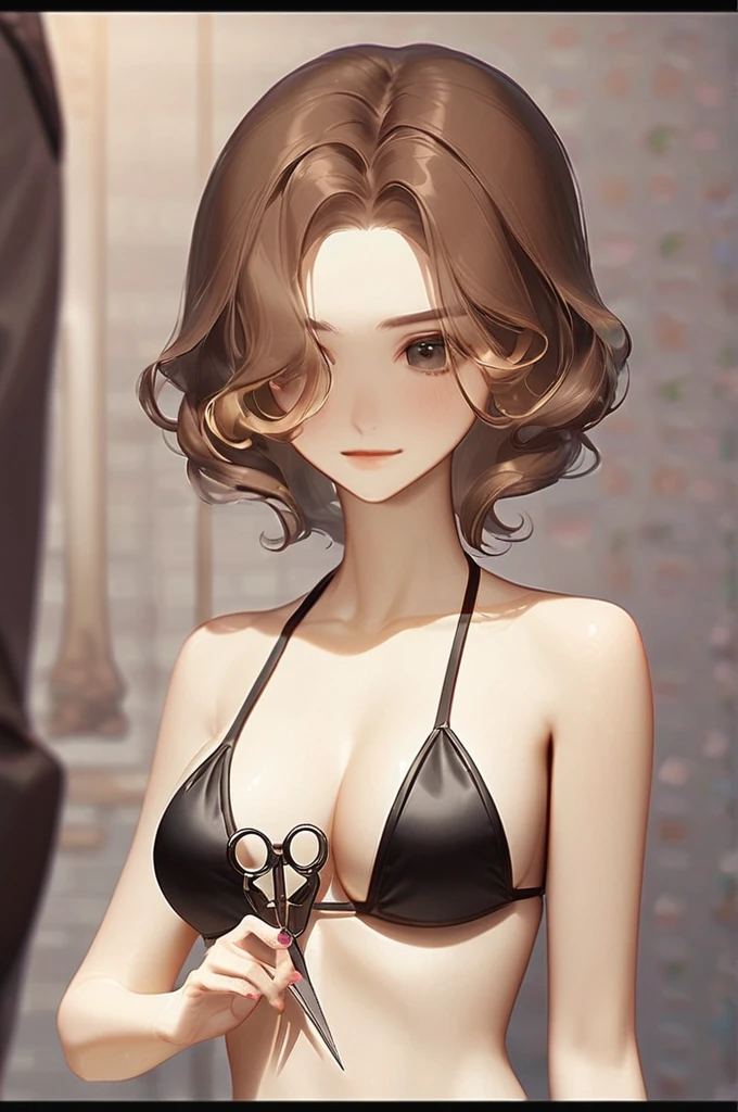((Лучшее качество)), ((шедевр)), (подробный), A naked girl with brown hair in a bikini holds scissors next to a man's penis