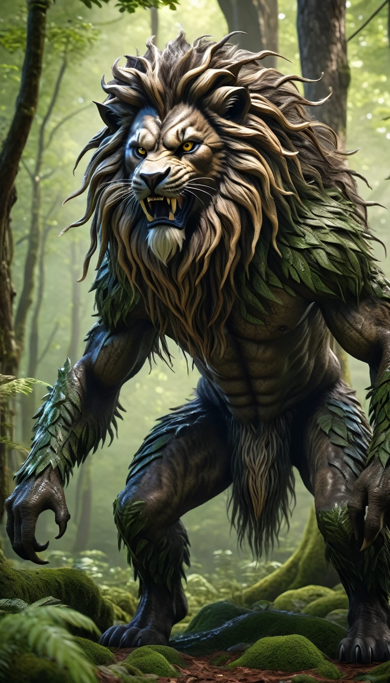 There is a wild man in the forest,The whole body is covered with mane(best quality,4K,8K,High level,masterpiece:1.2),Ultra Detailed,(lifelike,Photo real,Photo real:1.37),highly detailed creature,Complex patterns,Realistic lighting,Fantasy Creatures