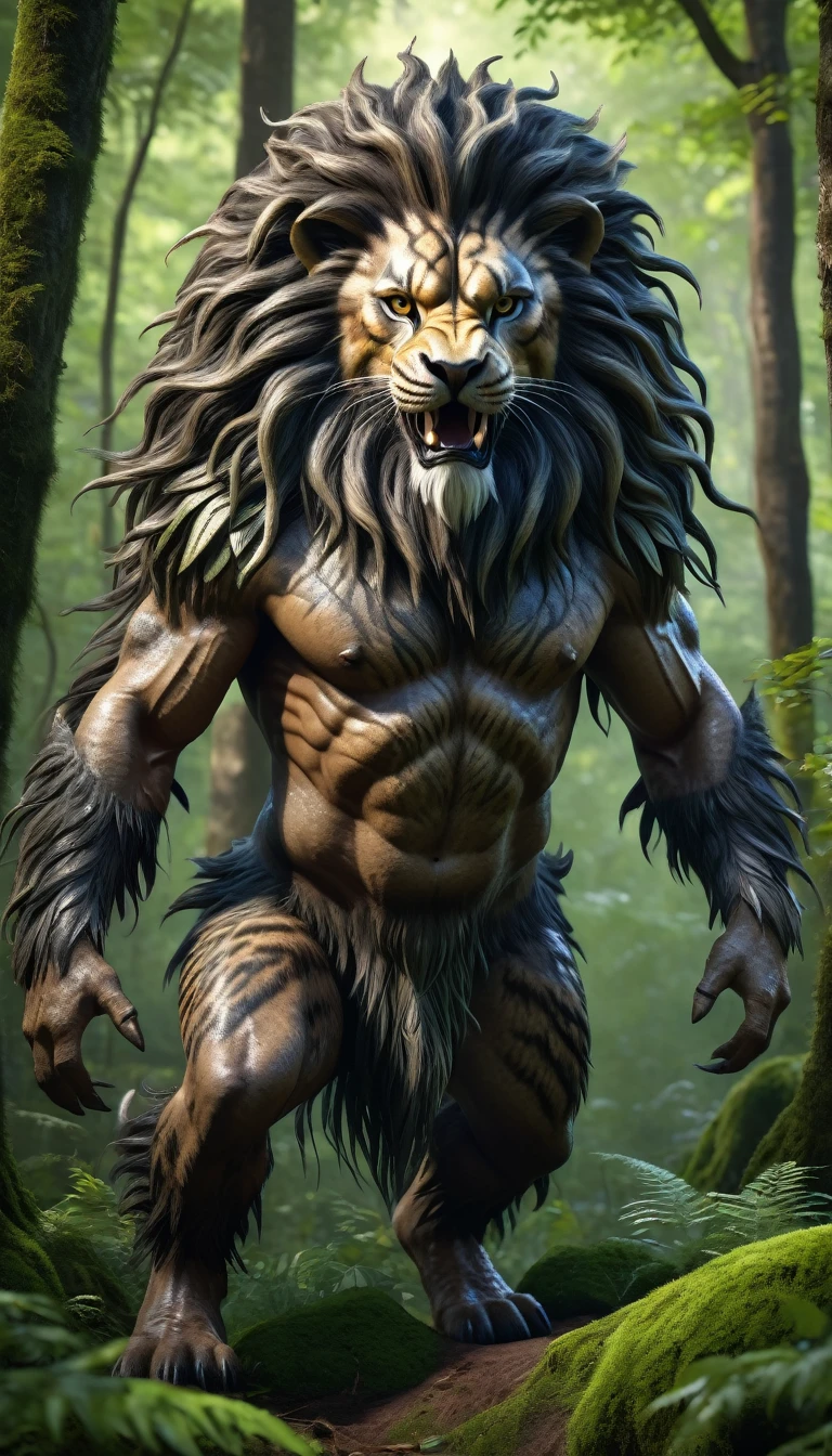 There is a wild man in the forest,The whole body is covered with mane(best quality,4K,8K,High level,masterpiece:1.2),Ultra Detailed,(lifelike,Photo real,Photo real:1.37),highly detailed creature,Complex patterns,Realistic lighting,Fantasy Creatures