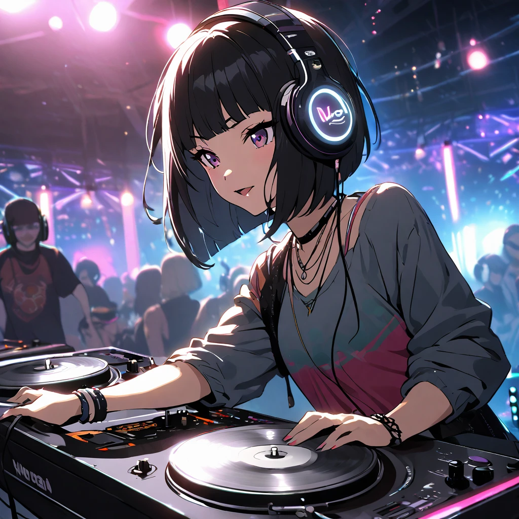 Japanese woman, bob haircut, DJing, headphones, turntable, club, lights, music, energetic, focused, modern, stylish, casual outfit