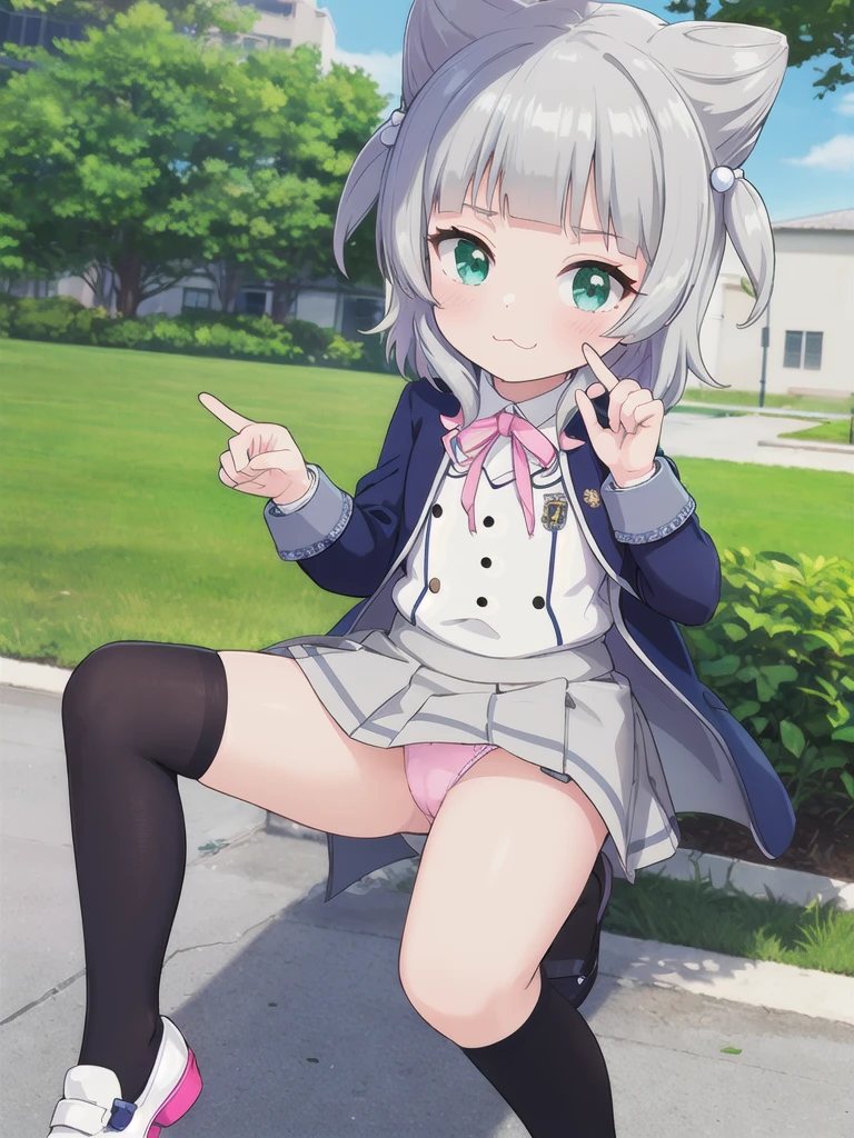 Highest quality,masterpiece,2person,hetero,Outdoor,((School building)),1girl,Green Eyes, Grey Hair, hair ornaments, bangs, Virtual YouTuber, blunt bangs, Double Bang, Animal ears, Flat Chest,uniform,Navy Blue Blazer,White shirt,Pink ribbon,Grey Skirt,Pink Panties,White long socks,Black low heels, :3,{{{{1boy,Black Hair,Short Hair,Shota,Put your face in the skirt,Men are down,Woman on top}}}}