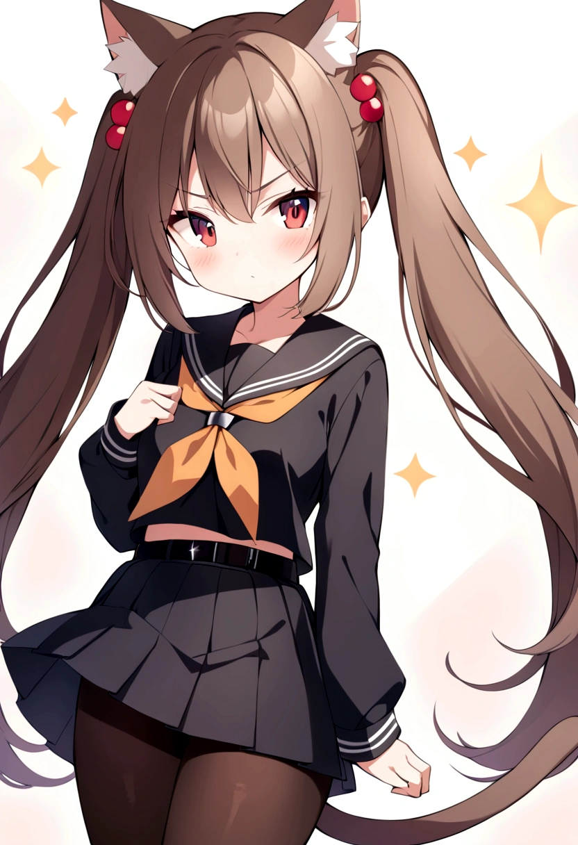 slender, mature female, rating:safe, 1girl, sparkle, animal_ears, twintails, solo, pantyhose, long_hair, skirt, very_long_hair, red_eyes, pleated_skirt, long_sleeves, bangs, hair_between_eyes, shirt, sailor_collar, hair_ornament, closed_mouth, eyebrows_visible_through_hair, belt, cat_ears, blush, belt_buckle, sidelocks, looking_at_viewer, black_legwear, animal_ear_fluff, v-shaped_eyebrows, buckle, brown_legwear, school_uniform, glint, sparkle_background, black_sailor_collar, sleeves_past_wrists, small_breasts, serafuku, brown_shirt, black_belt, orange_neckwear, standing, hair_bobbles, tail, bow, black_shirt, breasts, brown_hair, black_neckwear, cowboy_shot