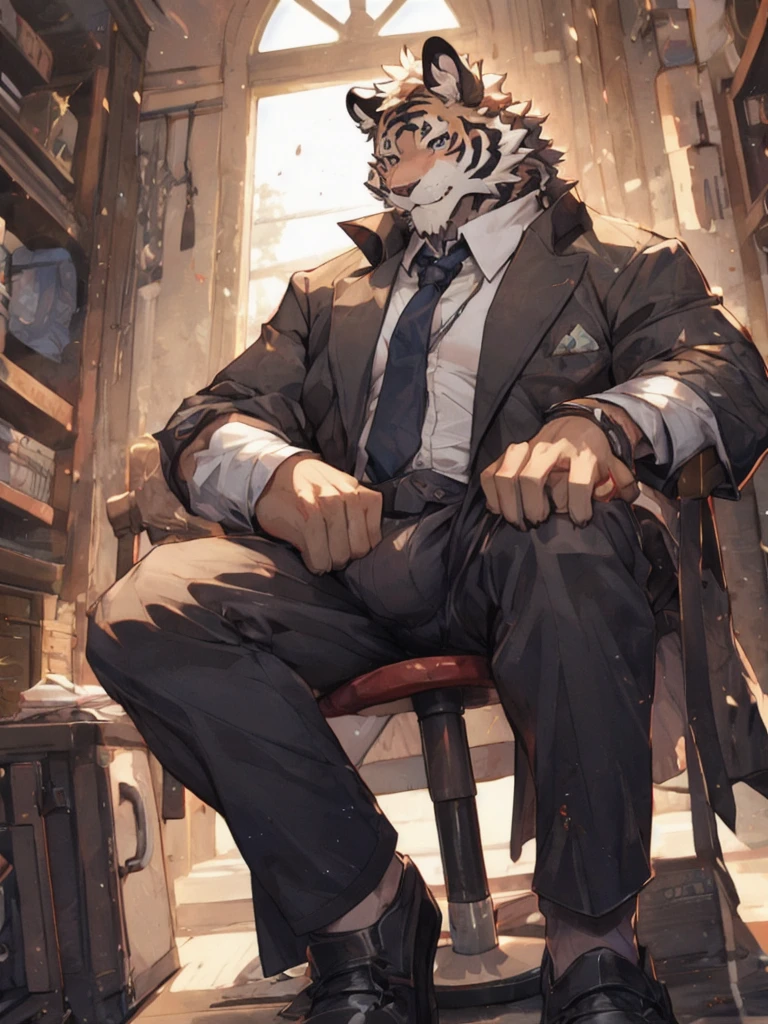 {{bara extremely handsome white tiger,}} {{white fur,}} white, wearing military like purple trench coat, purple trousers, white dress shirt and necktie, white fluffy furry body and limbs, loafers, very tall, very broad shoulders, narrow waist, muscular arms, massive pecs, purple eyes, very long legs, sitting on swivel chair with legs spread, from below perspective, massive bulge, sophisticated hot look, sexy pose, full body, sunlight casting over, 3/4 view, best quality, high quality, silver earring on left ear, sultry smirk