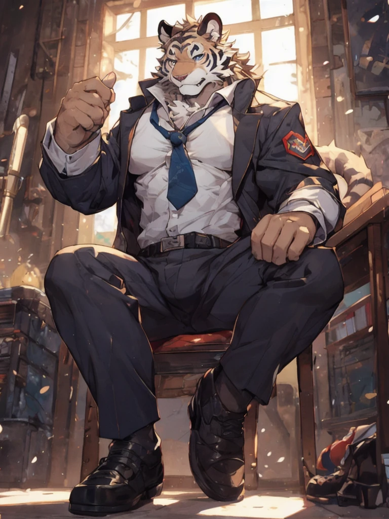 {{bara extremely handsome white tiger,}} {{white fur,}} white, wearing military like purple trench coat, purple trousers, white dress shirt and necktie, white fluffy furry body and limbs, loafers, very tall, very broad shoulders, narrow waist, muscular arms, massive pecs, purple eyes, very long legs, sitting on swivel chair with legs spread, from below perspective, massive bulge, sophisticated hot look, sexy pose, full body, sunlight casting over, 3/4 view, best quality, high quality, silver earring on left ear, sultry smirk