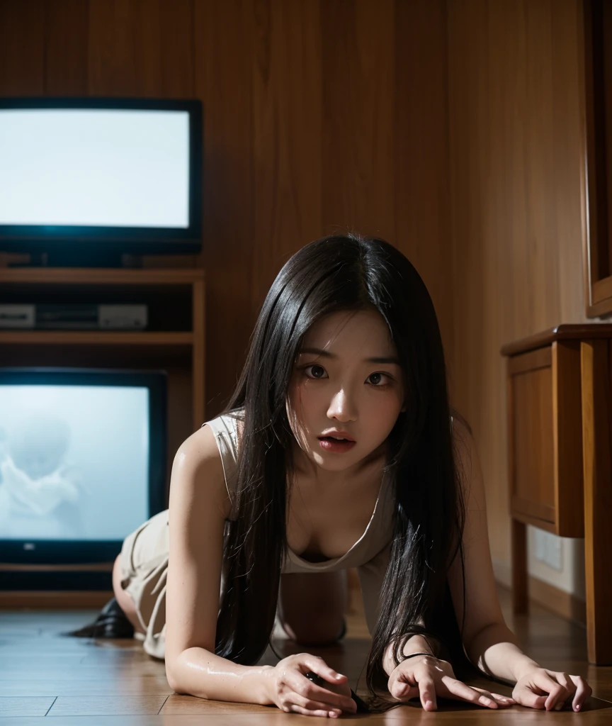 Horror Movies, Yamamura Sadako, A ghost crawls out of a small, static-lit CRT television like through a portal., lighting screen,Facing the audience, (Crawling position),Large living room with furniture, both hands on the floor, bending over in Crawling position with two hands press on the floor , Inducing fear. "you are" and "ring,"very long black hair,A face destroyed by decay, full of wounds, and eyes bearing the scars of burns,wearing a white coat, ,,Bending down from the TV frame, horrible, expression of hate,,looks creepy, ((An old water well and forests shown in the lighting tv screen frame)). An eerie light emanated from the television screen., Cast a ghastly shadow across the wall.. Her terrifying appearance began.. half popped out, Her spectral fingers gripped the floor., blurring the lines between the digital and the physical,