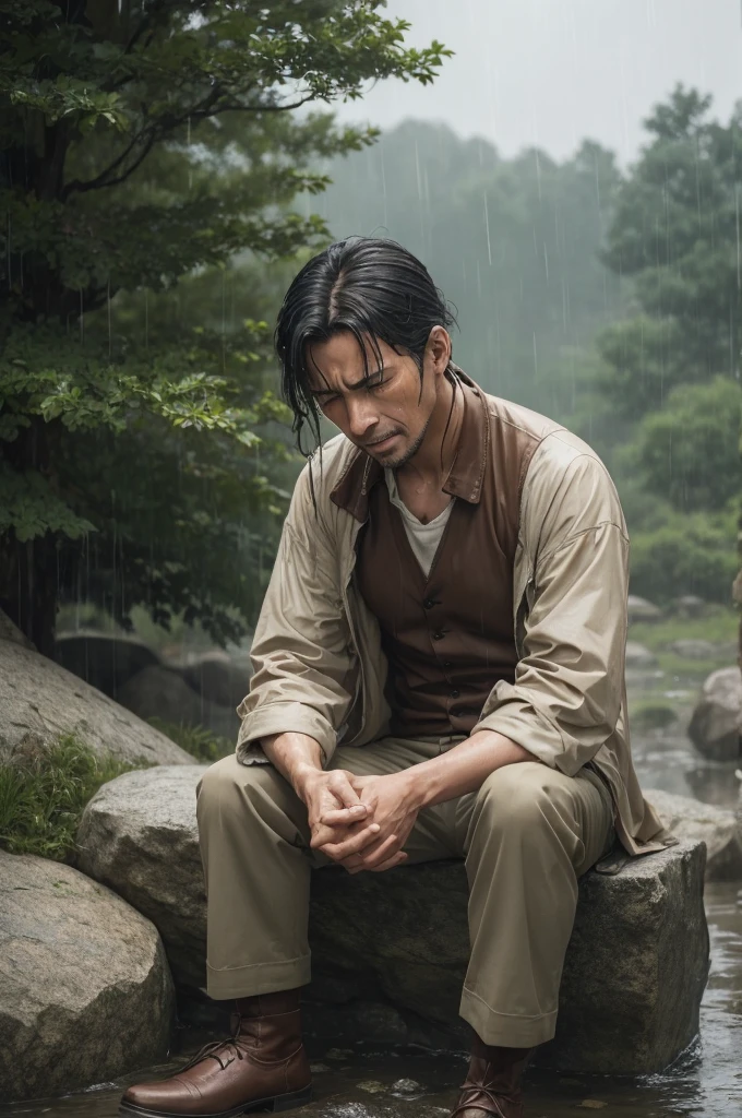 Man crying in the rain (アニメ,sitting on a rock in the middle of a war)