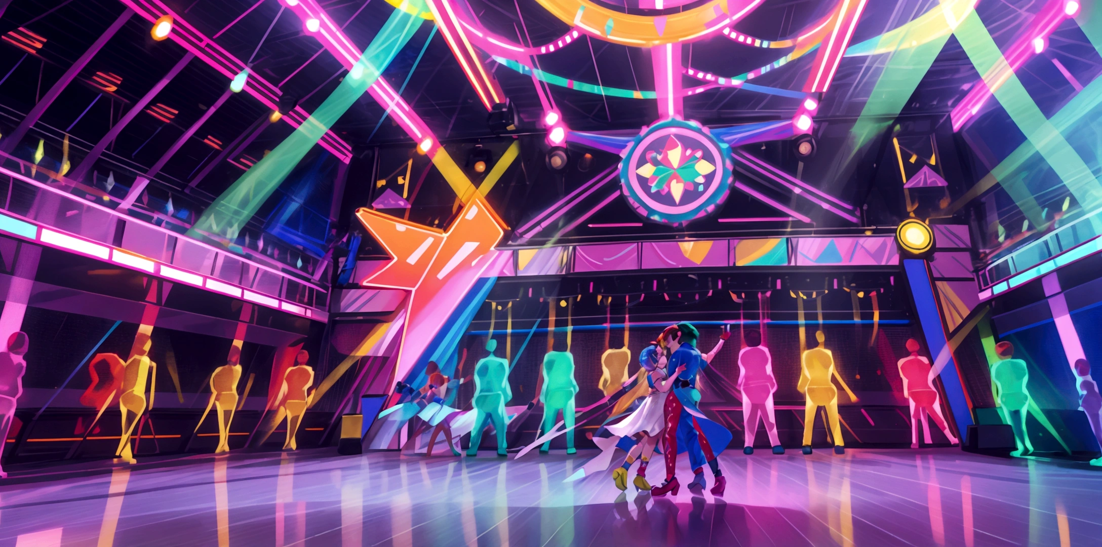 A lively and vibrant dance hall filled with people dancing joyfully under colorful lights. The atmosphere is electric, with neon lights and a disco ball casting dynamic patterns across the floor. People are dressed in stylish outfits, moving energetically to the music. The walls are adorned with bright, colorful decorations, and the overall mood is festive and exhilarating. The dance floor is packed, and the energy is palpable as everyone enjoys the night.