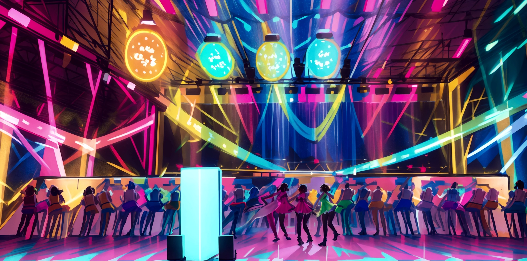 A lively and vibrant dance hall filled with people dancing joyfully under colorful lights. The atmosphere is electric, with neon lights and a disco ball casting dynamic patterns across the floor. People are dressed in stylish outfits, moving energetically to the music. The walls are adorned with bright, colorful decorations, and the overall mood is festive and exhilarating. The dance floor is packed, and the energy is palpable as everyone enjoys the night.