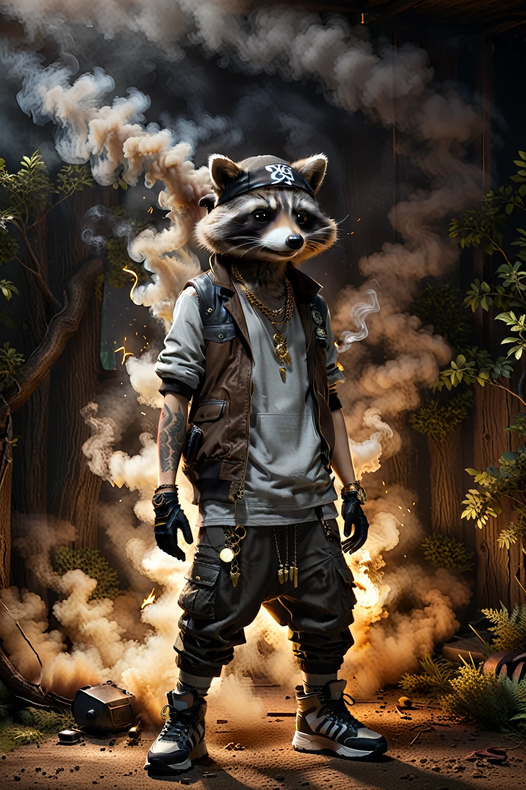 
So you can edit it later、An anthropomorphic raccoon wearing brown hip-hop clothing is blowing mysterious smoke into the brown landscape.、A mysterious brown light penetrates it, and the light also shines on the character. Create an image with this composition according to the following rules.。
 High resolution textures、Texture、Realなディテール、
The background is dark、Mysterious and、There is a good atmosphere、Dramatic lighting and high contrast images、Extremely high resolution to create photo-realistic card game patterns。
The design will be surrounded by a border、80 from the center of the space so that the character is not hidden%Please。
Use indirect lighting and textured backgroundake the central character stand out。
Full body portrait、Dynamic pose。
 にかくテクスチャがRealで細かいファッションの服。
Fashionable sneakers、boots、Sandals、hat、Smoke Accessories Necklace、Earrings、ring、bandana car、bike、Tattoos etc.、Choose according to your outfit and mood。
Real、8K




(masterpiece、Highest quality、high detail、超Real:1.2)、 
Anthropomorphic animals、Full body portrait

(Photorealistic:1.4), Cinematic lighting, 8K  UHD、 
Professional Photography、

(詳細な毛皮のTexture:1.3), Expressive eyes、 
Designer clothing、Luxury Brands、 
(Perfect tailoring:1.2), High Fashion Accessor
Moody atmosphere、Dramatic Shadows、 
High contrast lighting、Depth of written boundary、
Film Grain、Color Grading、

(Color Palette：1.3）、（Calm earth colors：1.2）、 
(Rich Brown：1.1）、（Deep Gray：1.ubtle gold accents：1.0）、
(warm color：1.1）、（Color harmony：1.2）、

(Soft diffused lighting：1.2）、（Rim lighting：1.1）、
(Volumetric Lighting:1.0), (Ambient Occlusion:1.1)