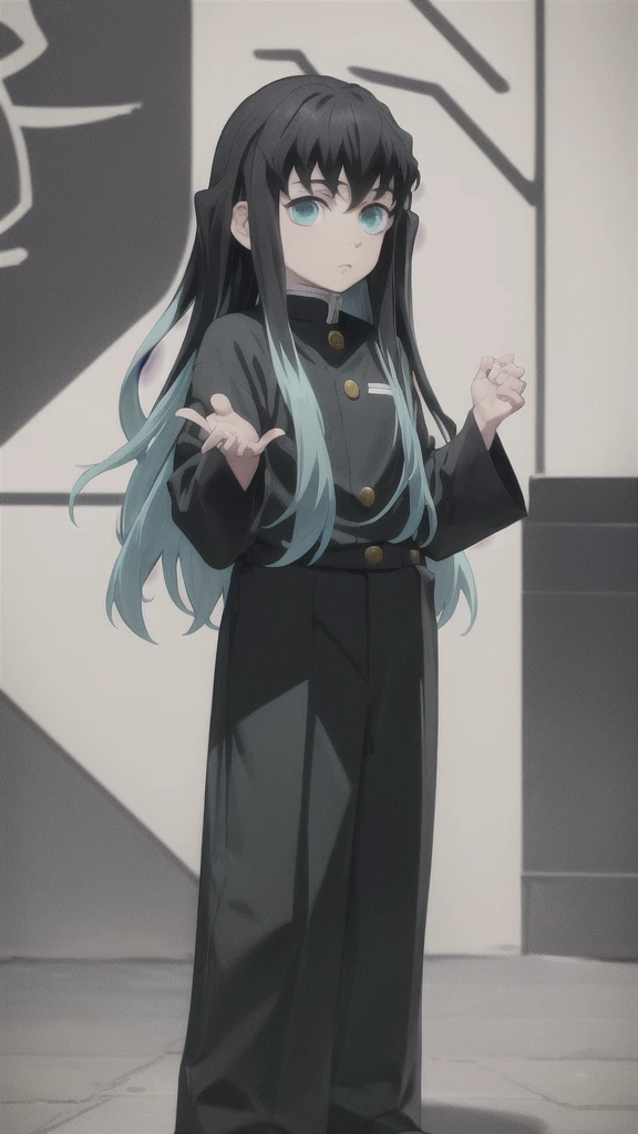 masterpiece, best quality, 1boy, muichiro,long hair, black hair, aqua hair, bangs,  multicolored hair, sidelocks, long sleeves, aqua eyes, demon slayer uniform, pants, standing, looking at viewer, ((hands up)), full body