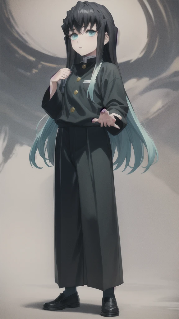 masterpiece, best quality, 1boy, muichiro,long hair, black hair, aqua hair, bangs,  multicolored hair, sidelocks, long sleeves, aqua eyes, demon slayer uniform, pants, standing, looking at viewer, ((hands up)), full body