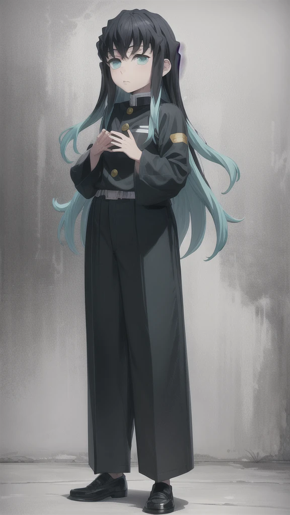 masterpiece, best quality, 1boy, muichiro,long hair, black hair, aqua hair, bangs, multicolored hair, sidelocks, long sleeves, aqua eyes, demon slayer uniform, pants, standing, looking at viewer, ((hands up)), full body