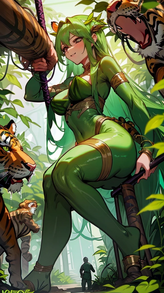 The Giantess Goddess with jungle green skin and tiger orange eyes steps into a zoo, her hair a cascade of green vines. Normal-sized visitors and staff run in panic as she crushes enclosures and pathways underfoot. She scoops up the survivors, pressing them against her jungle curves, their cries of fear and pain fueling her pleasure.