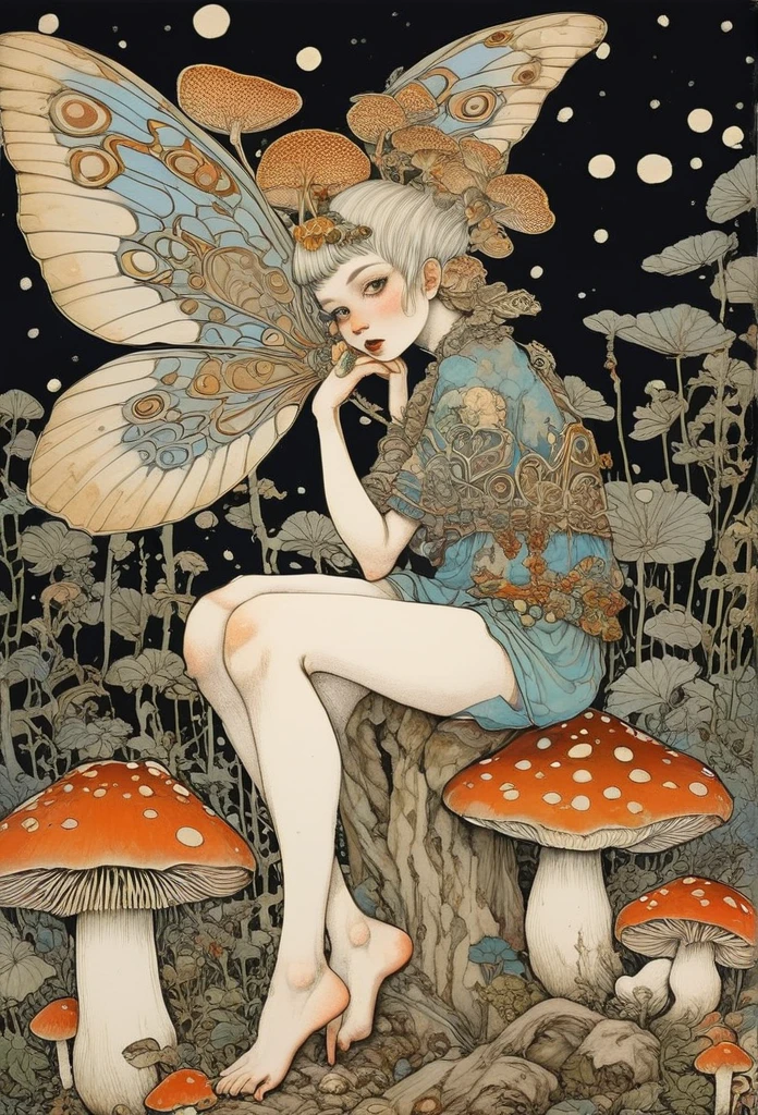 horror painting , in the style of  takato yamamoto, style of Ravi Zupa, super cute pixie,sitting on a mushroom [ hyperdetailed trippy mushroom], [hyperdetailed and hyperrealistic], fantasy real,[breath taking place], dressed in nomad clothing,clever and stylish ,pixie's wings