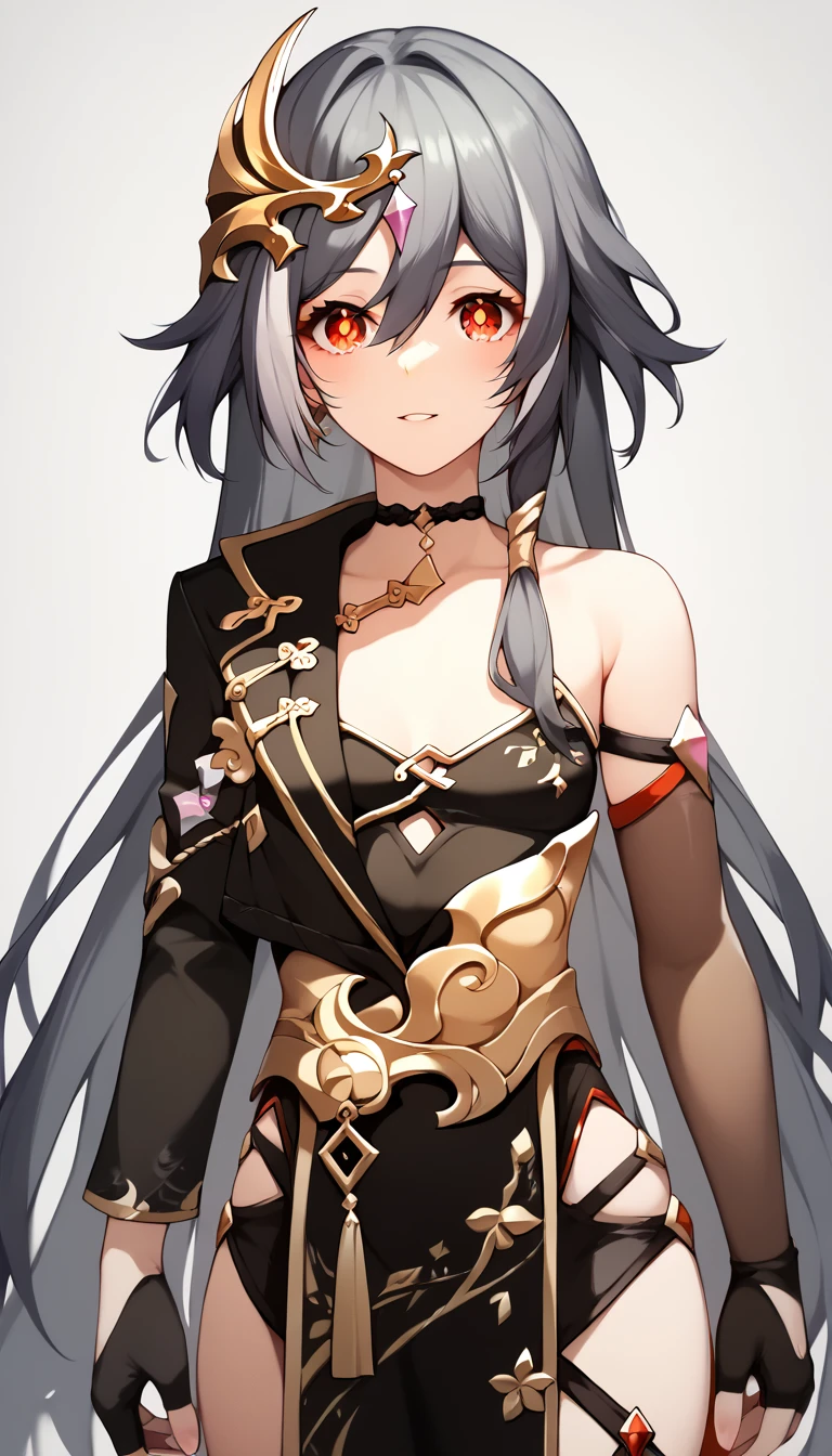 score_9, score_8_up, score_7_up, score_6_up, uncensored, HoSenti, Senti_Default, long hair, black hair, hair ornament, red eyes, gloves, hair between eyes, BREAK (masterpiece:1.2), best quality, high resolution,(detailed eyes:1.3), perfect lighting,(perfect hands, perfect anatomy), small breasts, black dress, china dress, chinese clothes, choker, fingerless gloves, asymmetrical gloves, asymmetrical sleeves, mismatched gloves, uneven sleeves, long sleeves
