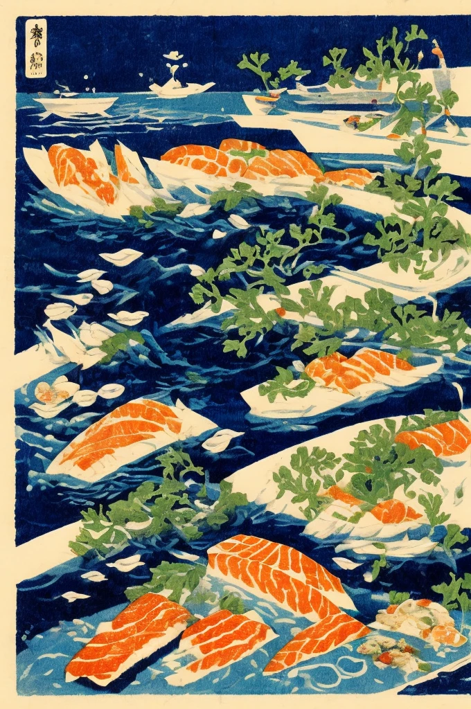 illustrations Woodcut style, Nikiri Sushi (Nigiri Sushi) Sushi rice that is molded into small cubes and then a piece of raw fish or other seafood is placed on top of the rice. Wasabi is often used between rice and fish fillets. Sometimes a string of tied seaweed may be used