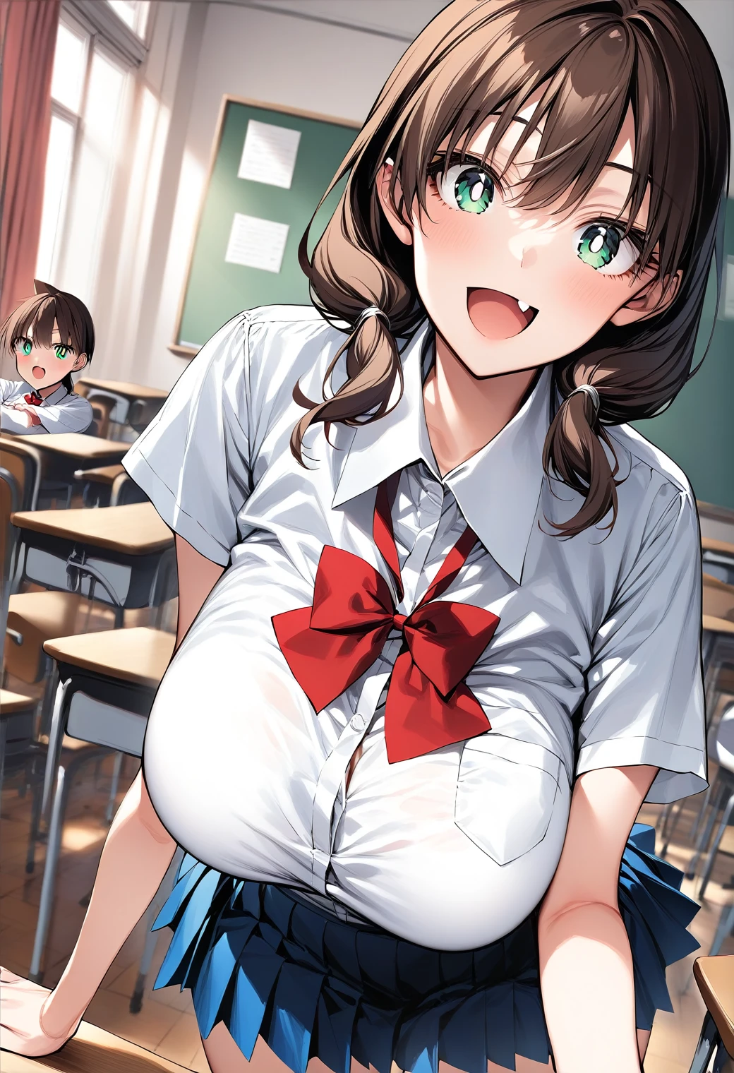 1girl, huge breasts, cowboy shot, (classroom:1.2), smile, open mouth, (fang:1.2),
amano_megumi, green eyes, bright pupils, white pupils, brown hair, low twintails, , red bowtie, collared shirt, short sleeves, pleated skirt, blue skirt, score_9, score_8_up, score_7_up, BREAK source_anime, best quality, masterpiece, uncensored,