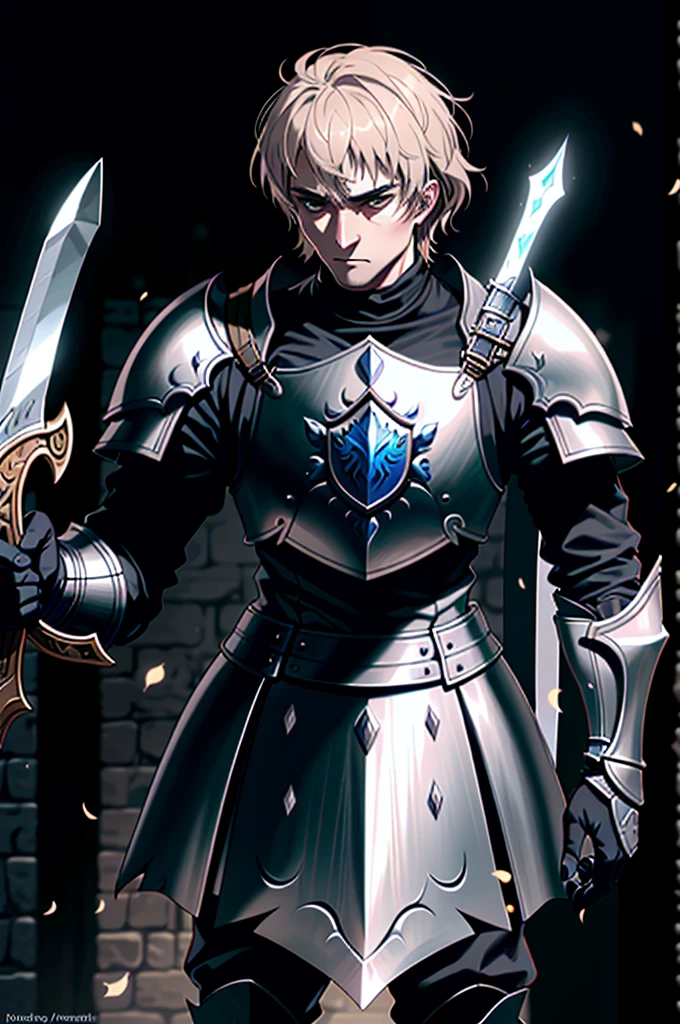 a man in armor holding a sword and a shield, pale black armor, berserk knight black armor, black soul armor concept, knight of dark souls, knight of dark souls, evil knight, in monster hunter armor, with Robert Pattinson&#39;s face, similar to Marvel&#39;s Black Knight, very strong, Marvel Hero style, 8K, best qualityer, appearing full body in the image, running on the road.