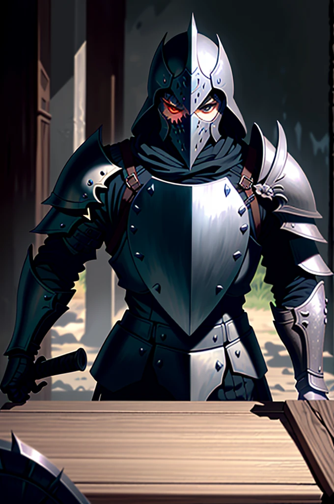 a man in armor holding a sword and a shield, pale black armor, berserk knight black armor, black soul armor concept, knight of dark souls, knight of dark souls, evil knight, in monster hunter armor, with Robert Pattinson&#39;s face, similar to Marvel&#39;s Black Knight, very strong, Marvel Hero style, 8K, best qualityer, appearing full body in the image, running on the road.