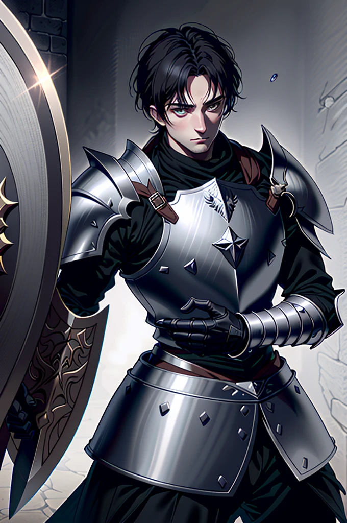 a man in armor holding a sword and a shield, pale black armor, berserk knight black armor, black soul armor concept, knight of dark souls, knight of dark souls, evil knight, in monster hunter armor, with Robert Pattinson&#39;s face, similar to Marvel&#39;s Black Knight, very strong, Marvel Hero style, 8K, best qualityer, appearing full body in the image, running on the road.