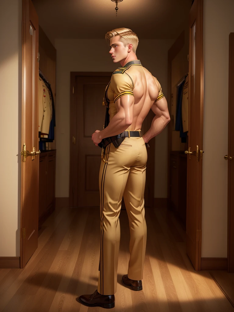 Leyendecker style illustration : A handsome blond guy, ************, looks at the ceremonial officer's uniform of a "Navy Seal" with awards, which hangs on a suit hanger standing on the floor, and engages in masturbation. Watching him from behind is a naked, blond, muscular Navy SEAL officer, 35 years old, handsome and arrogant. The officer has a big dick, an erection, and a boner.