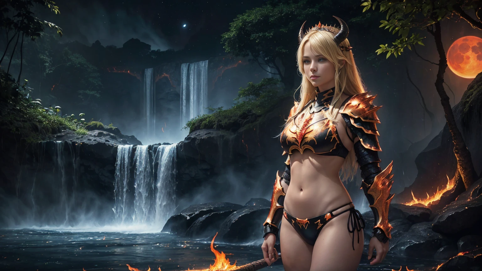 In a (lush jungle:1.3) setting, in the middle of the misty veil formed by (majestic waterfalls:1.3), a sublime blonde warrior standing in the water, her gaze piercing directly into the camera lens. The (dark night sky:1.3) above is lit by a (fiery red moon), casting an unearthly glow. A (brazier) projects its glow on the girl. Her perfect physique is highlighted by (beautiful bikini armor:1.5) adorned with (lava and flames:1.3). Her (black tiara), made from (black horns), rests on her long blonde hair and she wears a sensual smile. The gentle flow of the river creates a calming hum, while the warrior's confidence radiates through the cinematic frame. (Darkness:1.3). (Lava Armor, flames Armor, Big pike armor:1.3)
