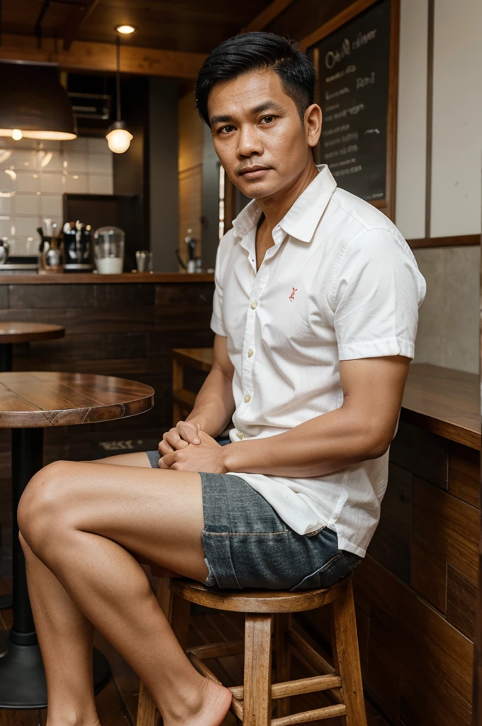 Indonesian man, 50 years old, short hair, thinning hair, sitting on a stool, in a cafe, wooden table, a cup of coffee on the table, white shirt, black hair, oval face.