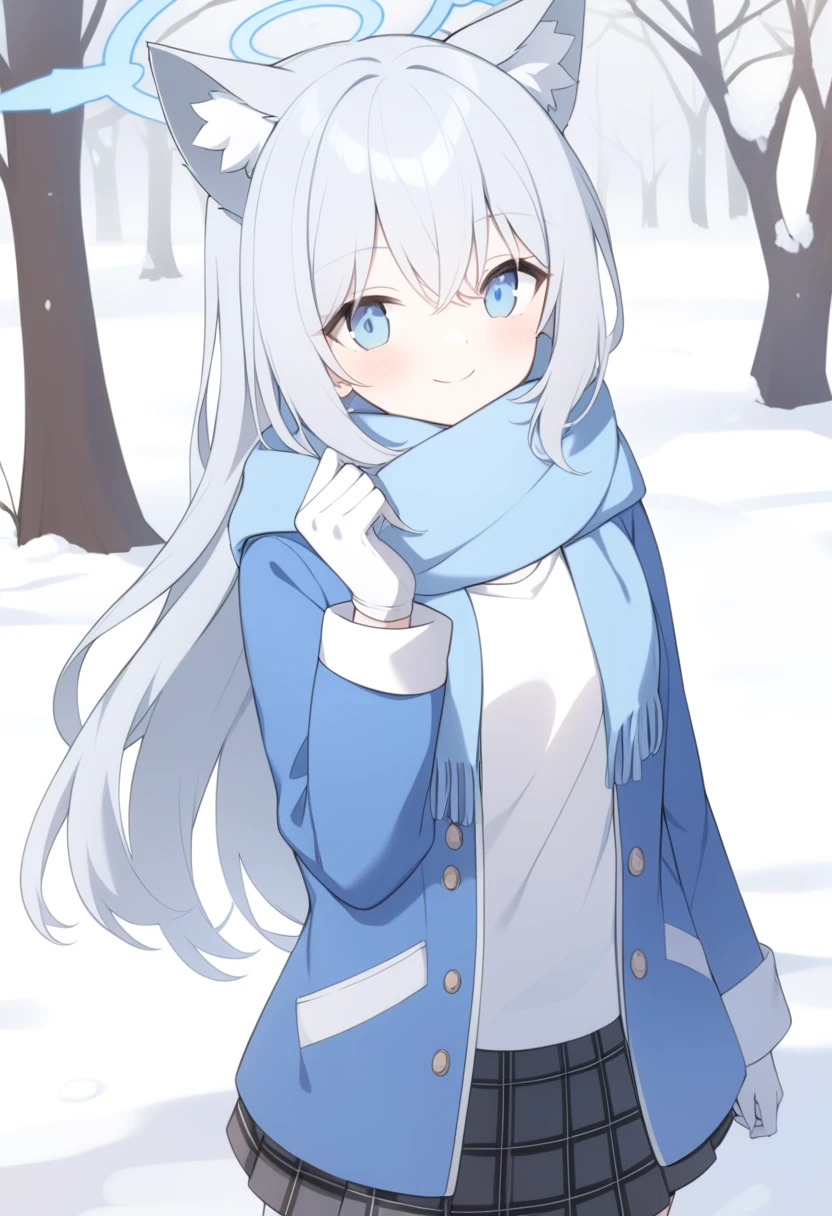 girl,Silver long hair, blue eyes, Wearing a blue hooded jacket,戴着Blue hood,A sky blue scarf, A white T-shirt, White gloves, And black plaid skirt, Standing in the park,Smile, blue halo,Blue hood,戴着Blue hood,Gray wolf ears,cold winter