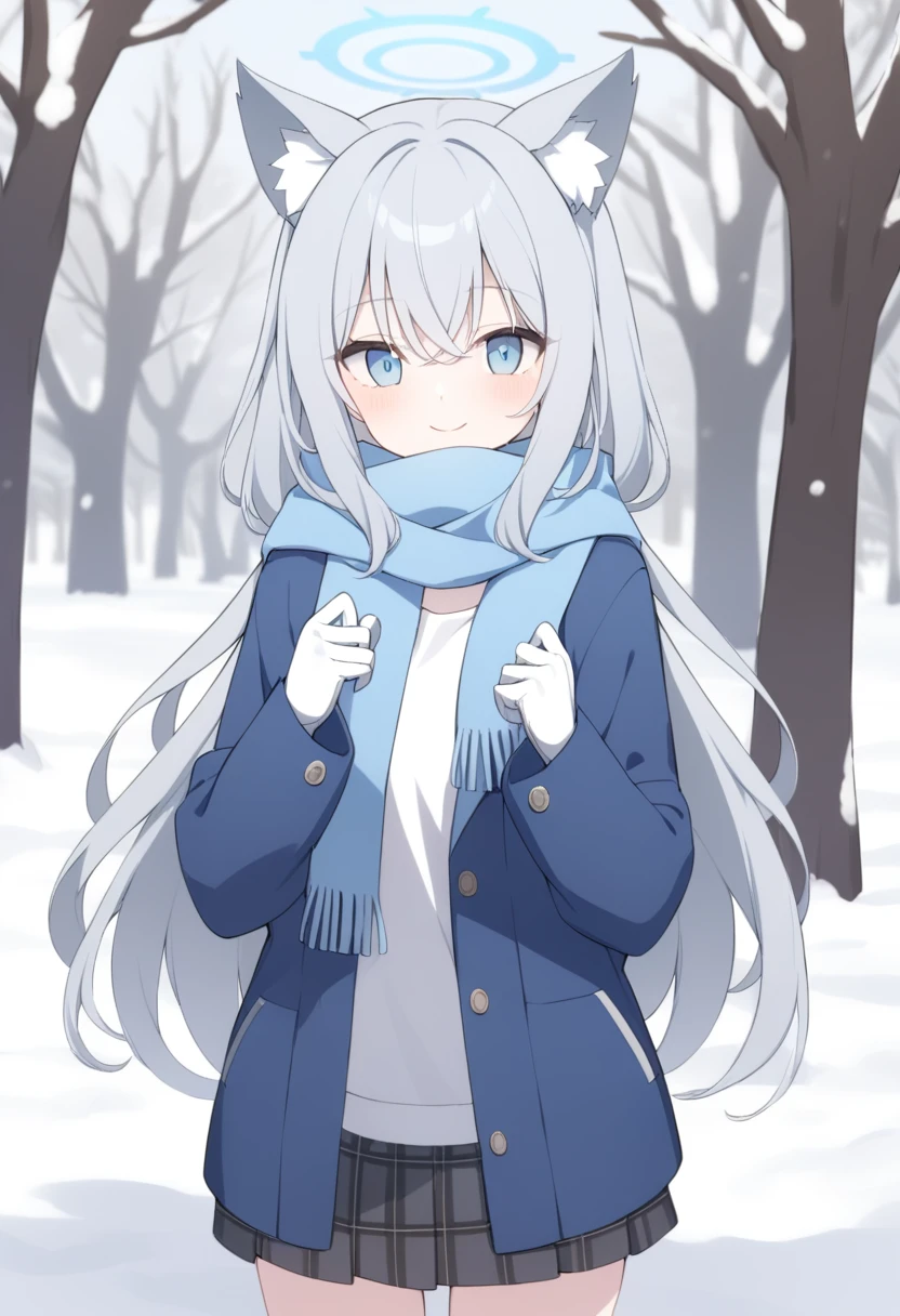 girl,Silver long hair, blue eyes, Wearing a blue hooded jacket,戴着Blue hood,A sky blue scarf, A white T-shirt, White gloves, And black plaid skirt, Standing in the park,Smile, blue halo,Blue hood,戴着Blue hood,Gray wolf ears,cold winter