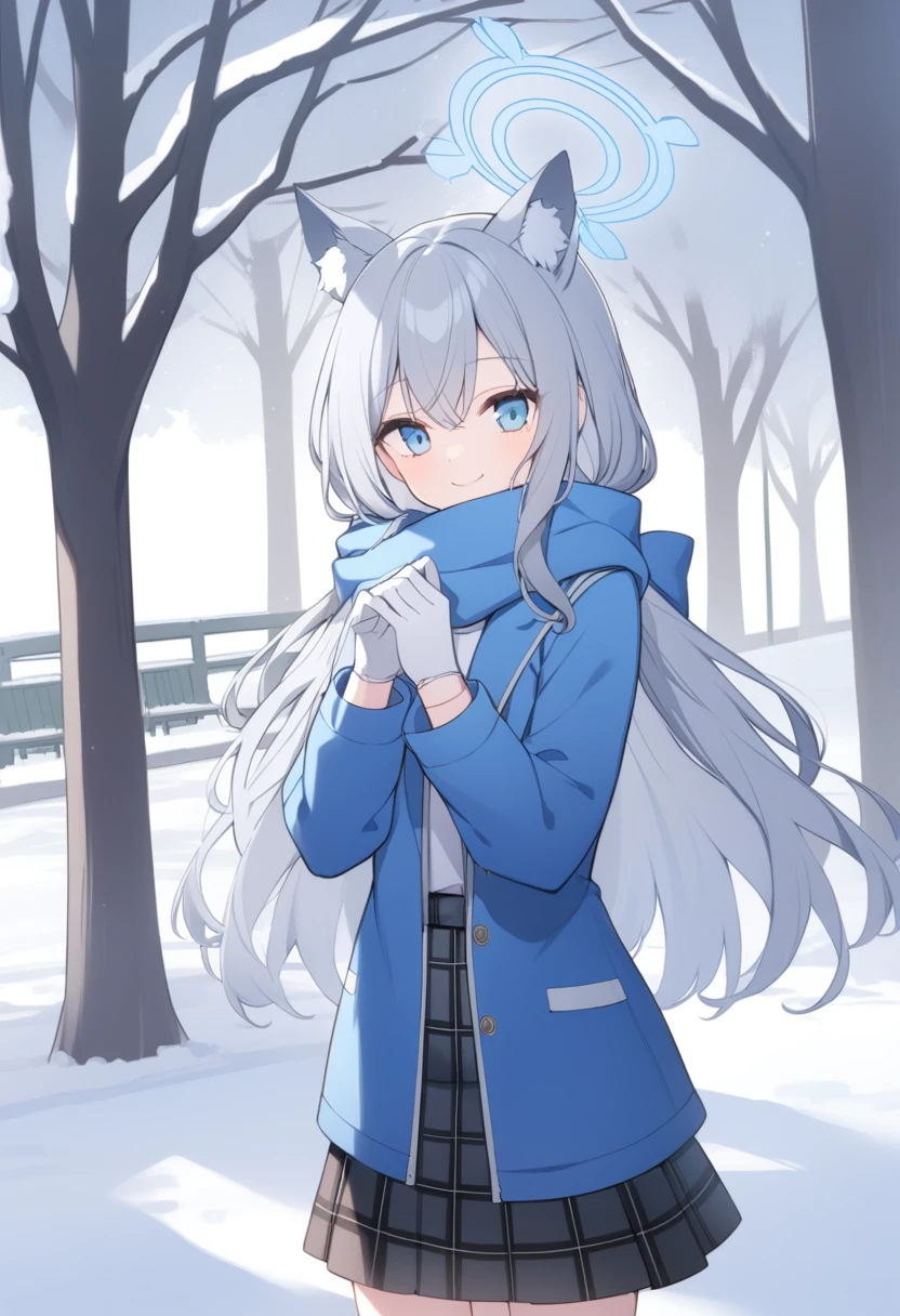 girl，Silver long hair, blue eyes, Wearing a blue hooded jacket,戴着Blue hood，A sky blue scarf, A white T-shirt, White gloves, And black plaid skirt, Standing in the park，Smile, blue halo，Blue hood，戴着Blue hood，Gray wolf ears，cold winter