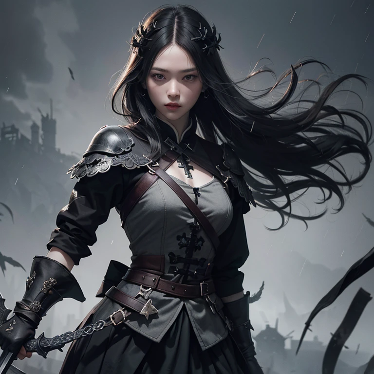 Girl, princess, bows to the cross, many crosses, crows circling, rain, fragments of weapons, swords, haze, photoshop image, WLOP style, Wang Lin style, cold tonality of the image, high detail, complex angle, dark background